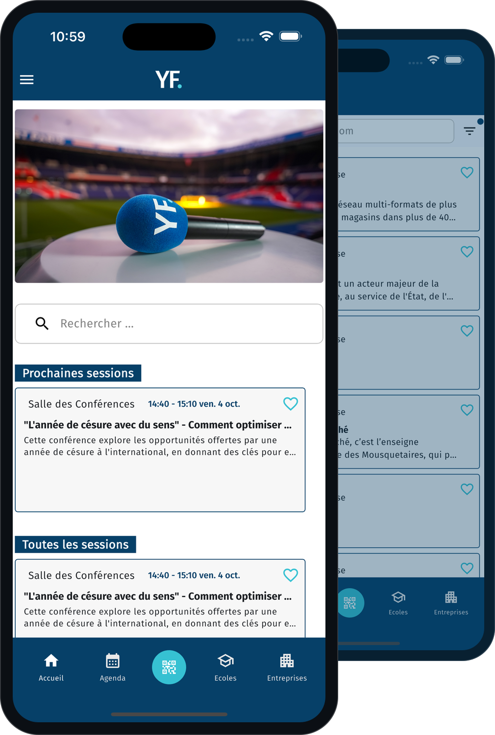 Deux téléphones montrant l’application Your Future : l’accueil avec les prochaines sessions, et la liste des exposants